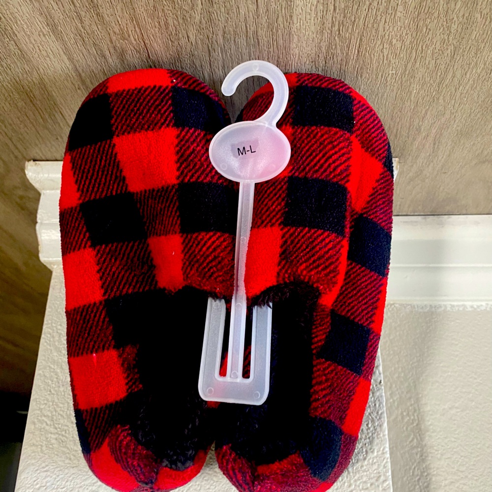 Plaid home and about slippers for holidays